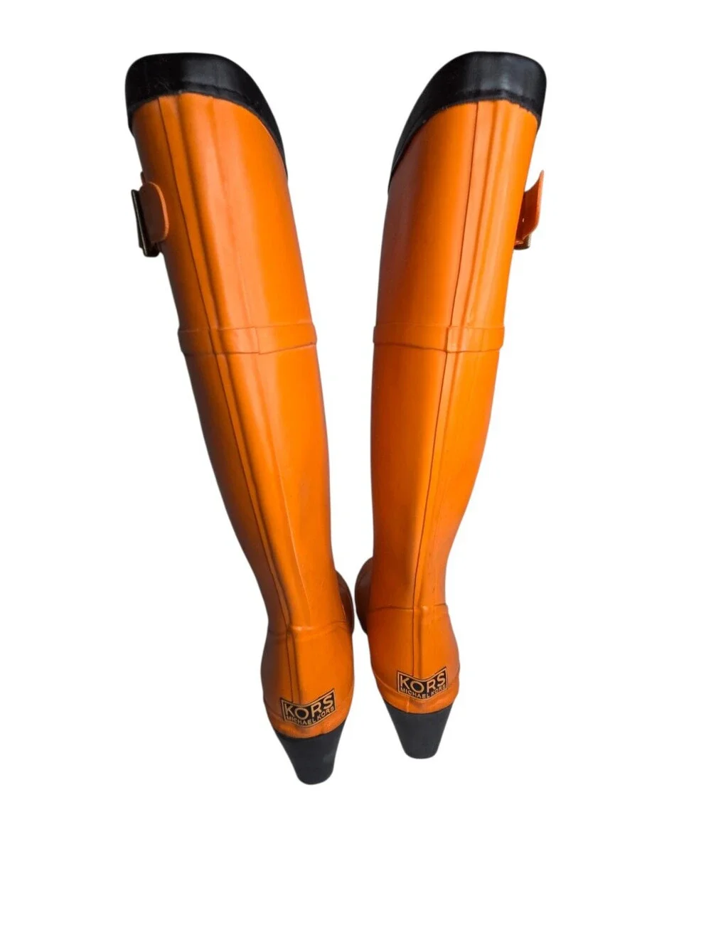 KORS Michael Kors Rain Boots Orange Wedge Buckle Knee High Tall Rubber Womens 8